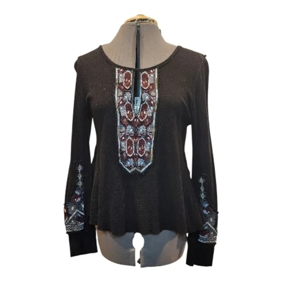 Free People Marion Black and Burgundy Embroidered Thermal Long Sleeve Top Large - Picture 4 of 7